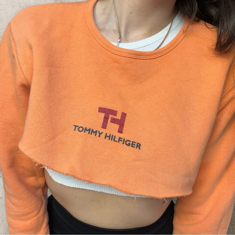 Tommy Hilfiger Logo cropped Sweatshirt Pullover Vintage Burnt Orange Size Large